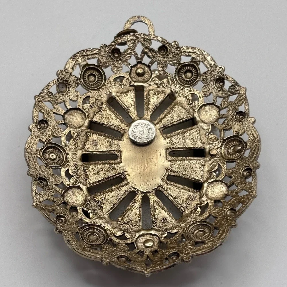 Vintage Painted Filigree Pendant West Germany Gold Tone Beaded 2.25